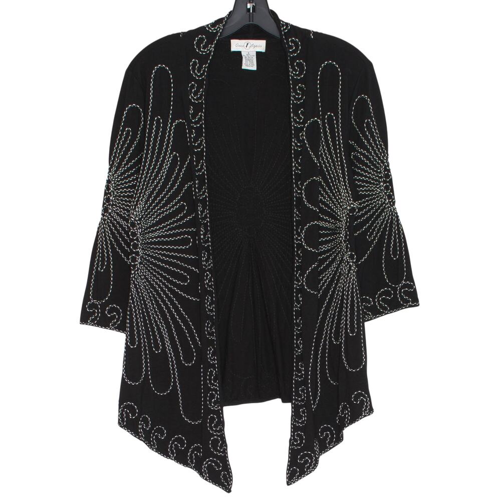 Black Embroidered Floral Cardigan Open Front Boho Festival Artsy 3/4 Sleeve S